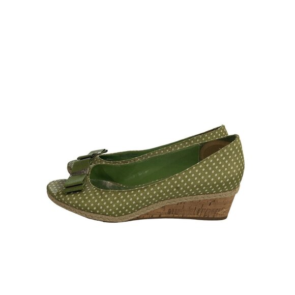 Etienne Aigner Size 7.5M Green Polka Dot Fabric Wedge Peep Toe cork heel Shoes - Picture 3 of 8